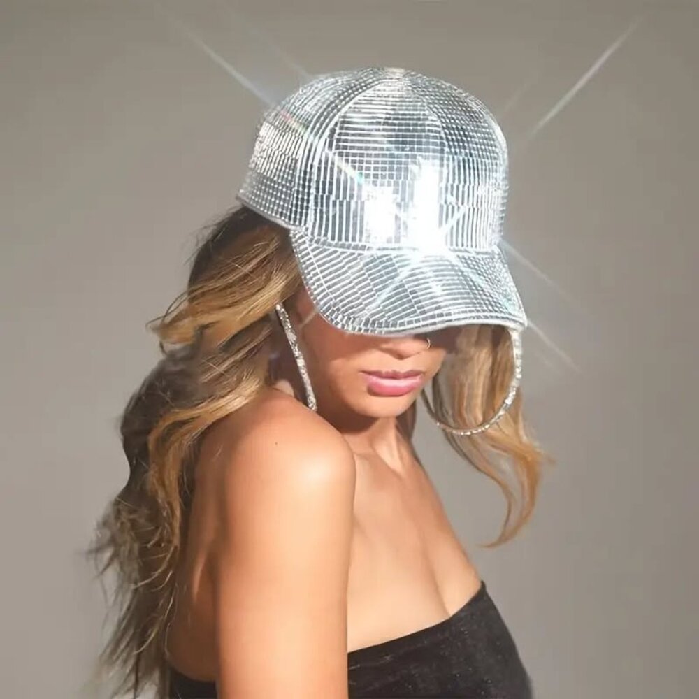 Mirror Ball Baseball Cap. Real Glass Mirror Tiles.